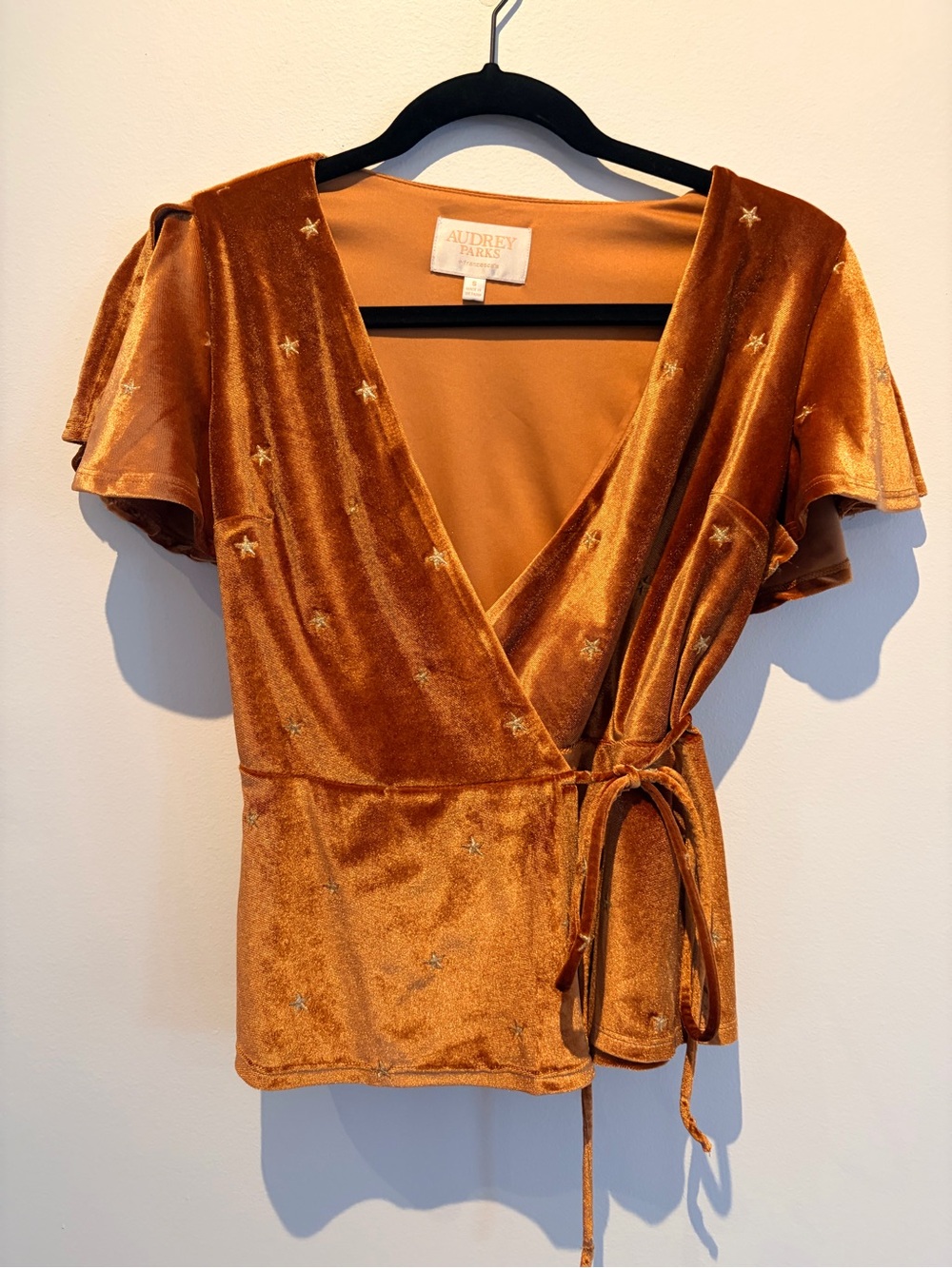 Francesca's Collections Burnt Orange Velvet Wrap Top with Star Embroidery
